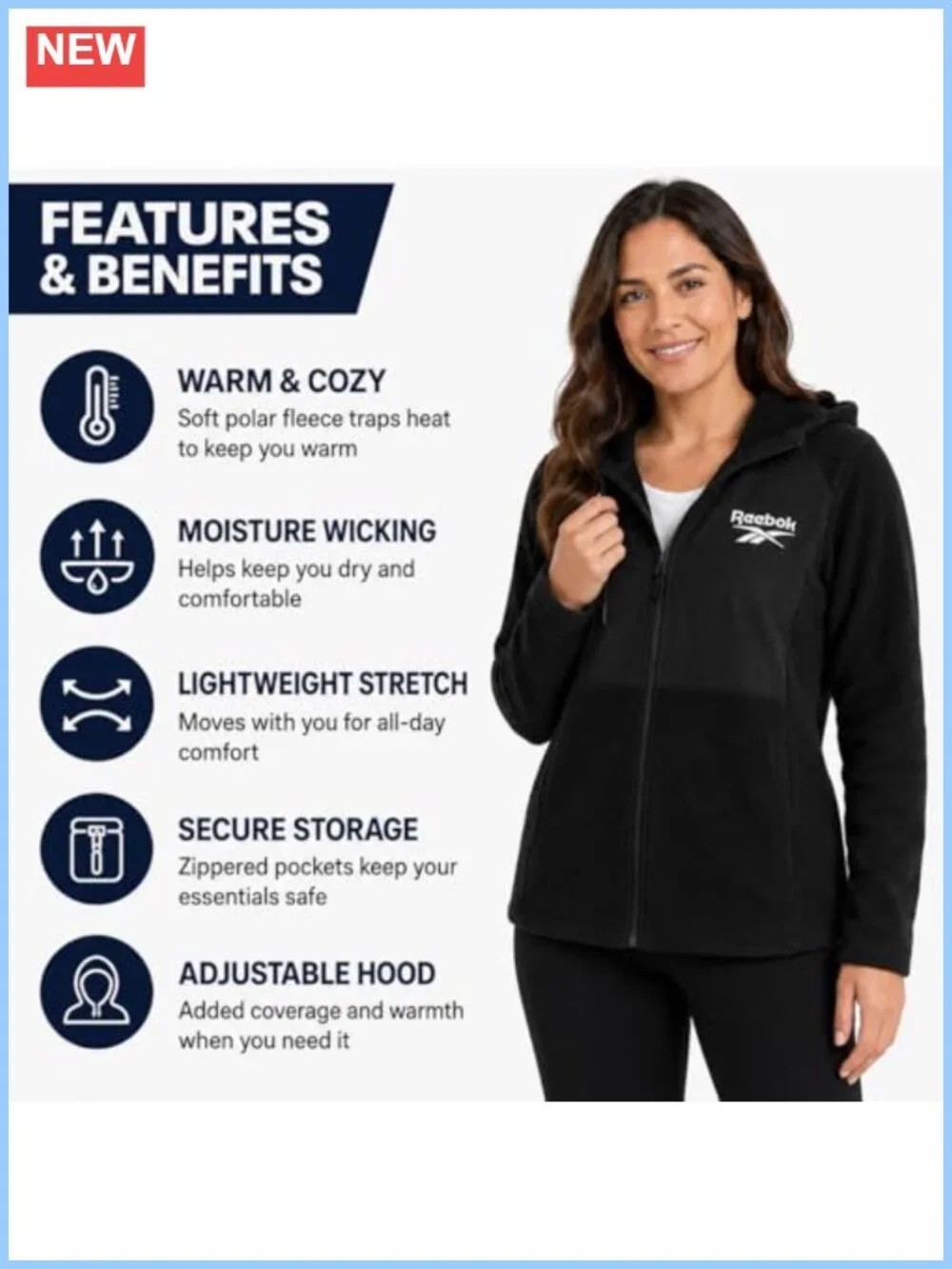 Reebok Women's Fleece Zip-Up Jacket Lightweight Hooded Winter Coat